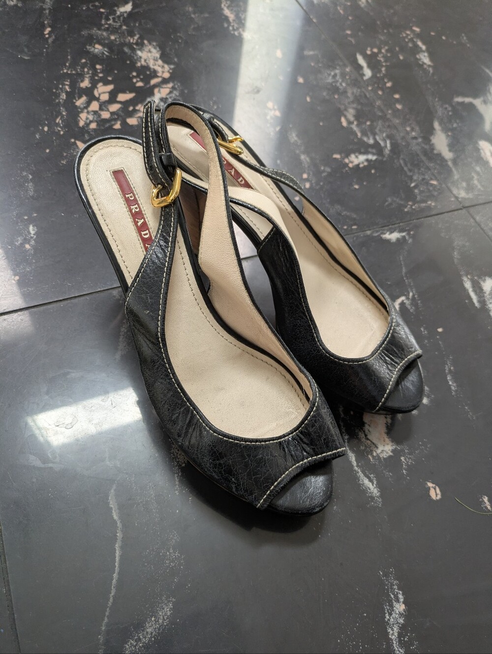 Prada Black Leather Peep-Toe Slingback Heels Size 36